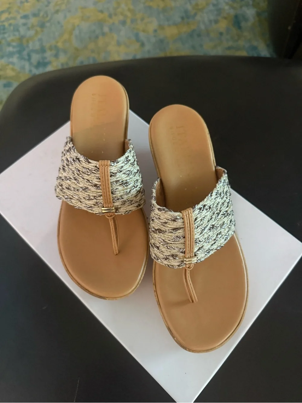 Italian Shoemakers Tan Woven Thong Wedge Sandals